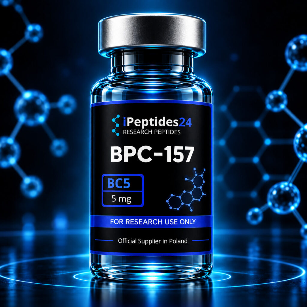 Photorealistic iPeptides24 vial labelled “BPC-157” against a dark laboratory background.