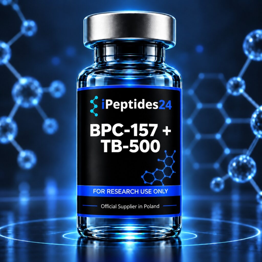 Photorealistic iPeptides24 vial labelled “BPC-157 + TB-500” against a dark laboratory background.