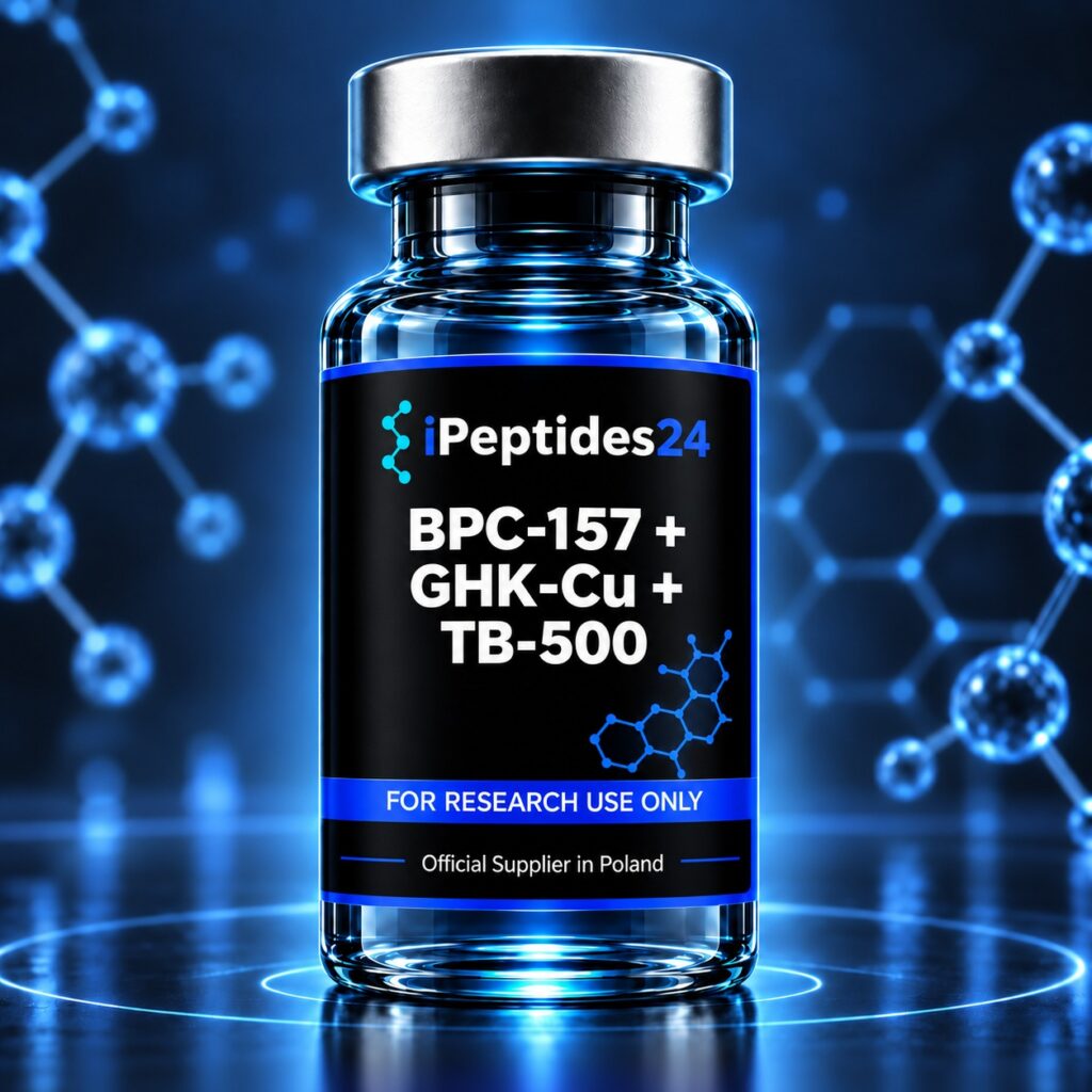 Photorealistic iPeptides24 vial labelled “BPC-157 + GHK-Cu + TB-500” against a dark laboratory background.