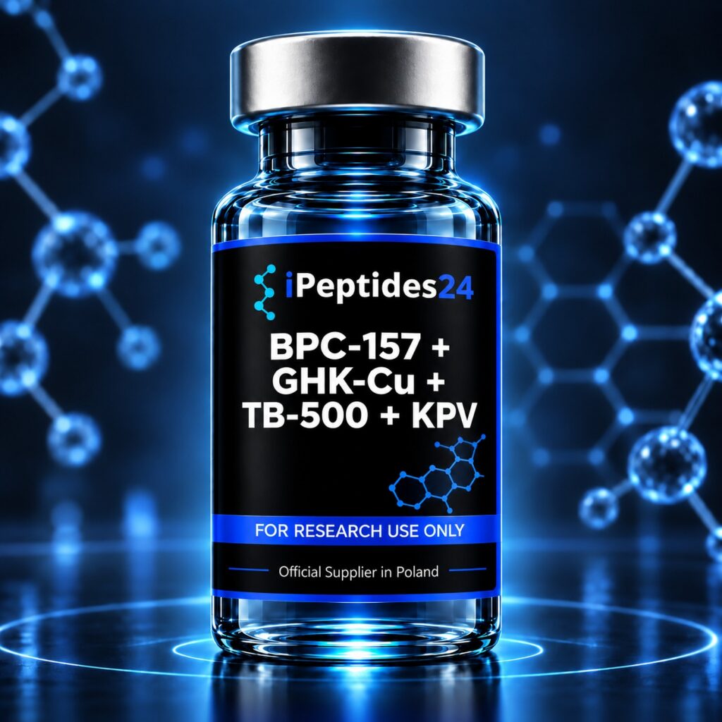Photorealistic iPeptides24 vial labelled “BPC-157 + GHK-Cu + TB-500 + KPV” against a dark laboratory background.
