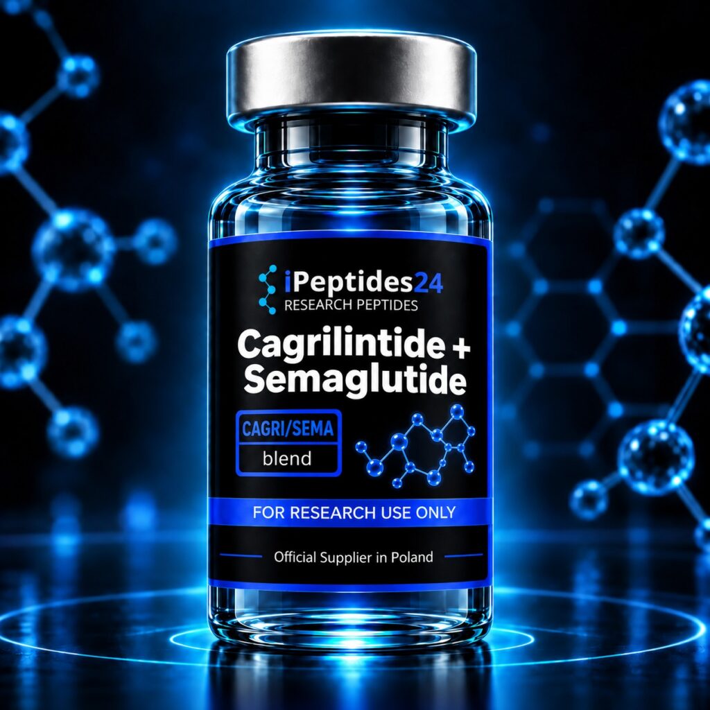 Photorealistic iPeptides24 vial labelled “Cagrilintide + Semaglutide” against a dark laboratory background.