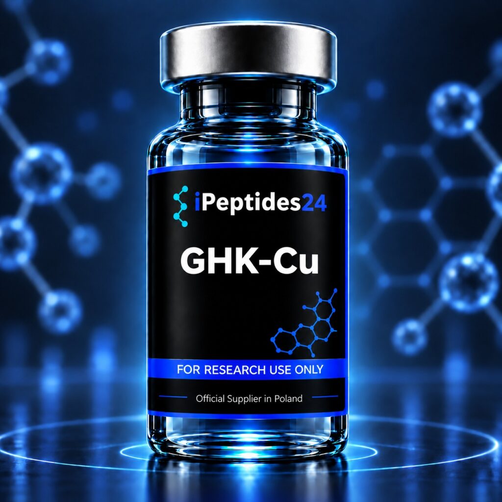 Photorealistic iPeptides24 vial labelled “GHK-Cu” against a dark laboratory background.