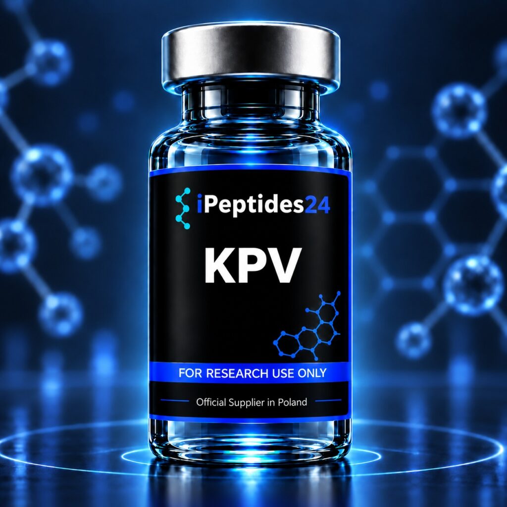 Photorealistic iPeptides24 vial labelled “KPV” against a dark laboratory background.
