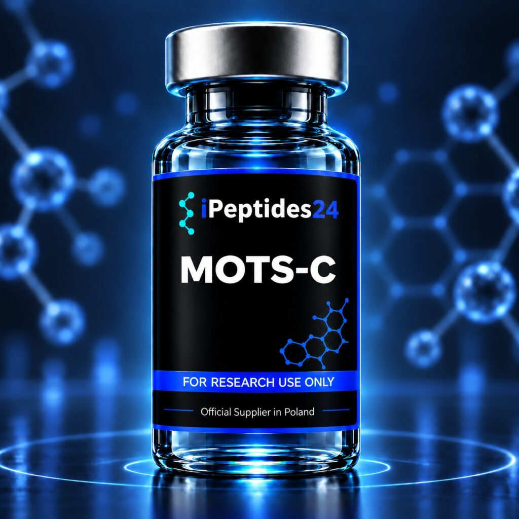 Photorealistic iPeptides24 vial labelled “MOTS-C” against a dark laboratory background.