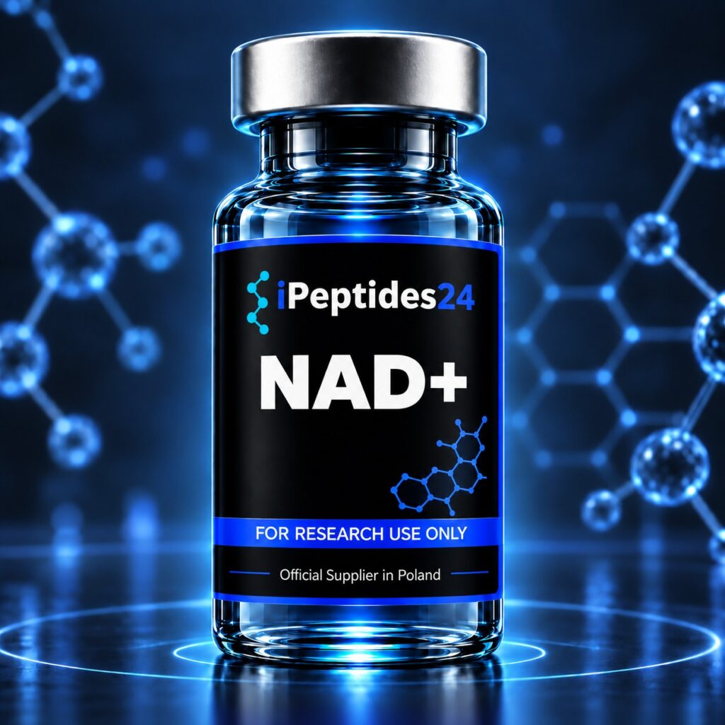 Photorealistic iPeptides24 vial labelled “NAD+” against a dark laboratory background.