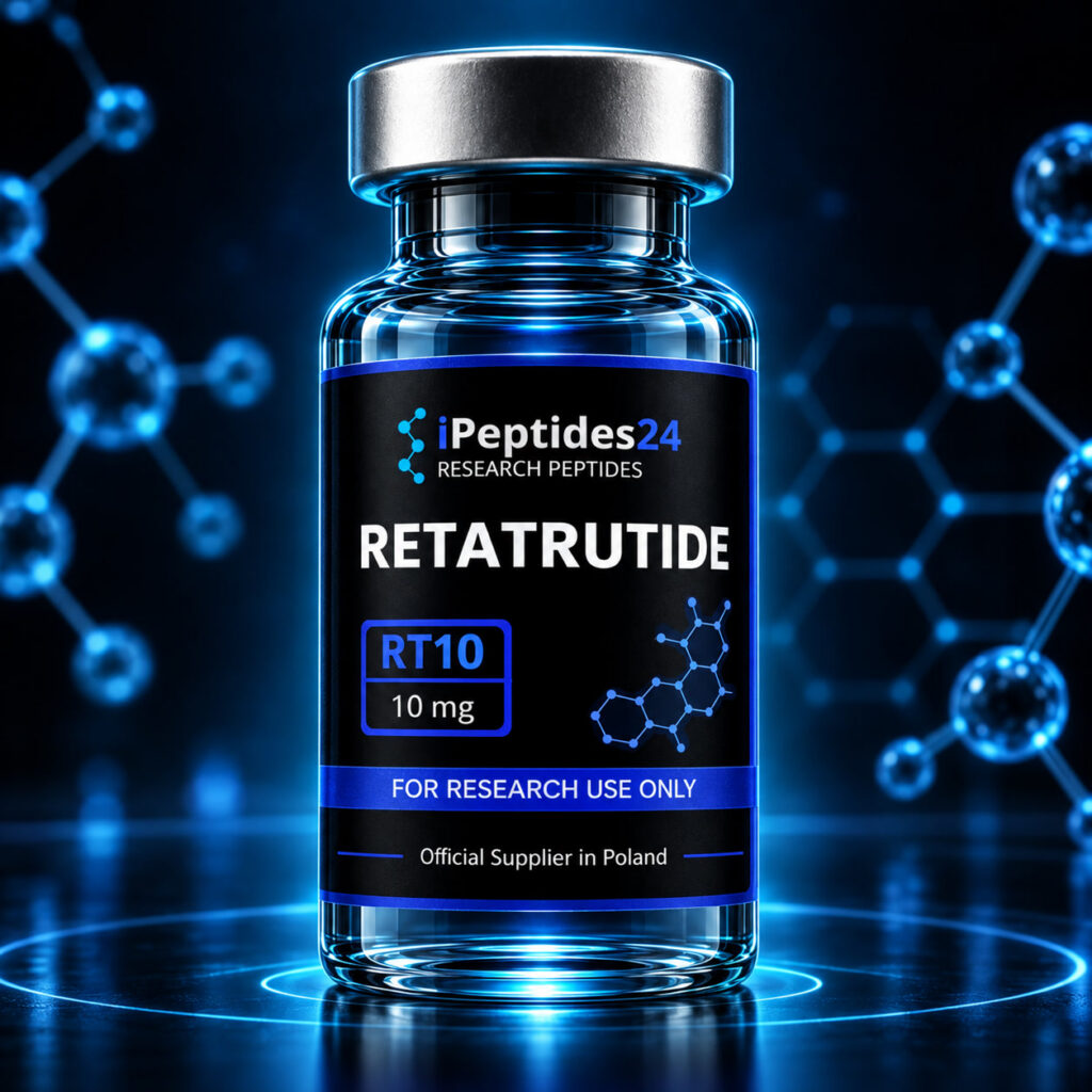 Photorealistic iPeptides24 vial labelled “Retatrutide” against a dark laboratory background.