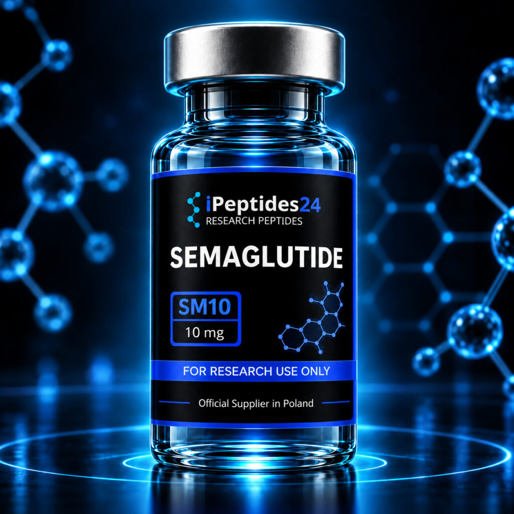 Photorealistic iPeptides24 vial labelled “Semaglutide” against a dark laboratory background.
