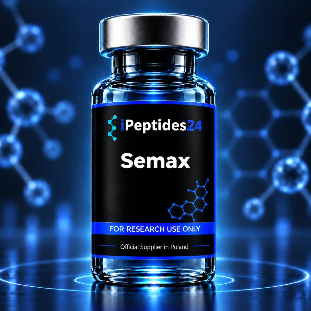 Photorealistic iPeptides24 vial labelled “Semax” against a dark laboratory background.