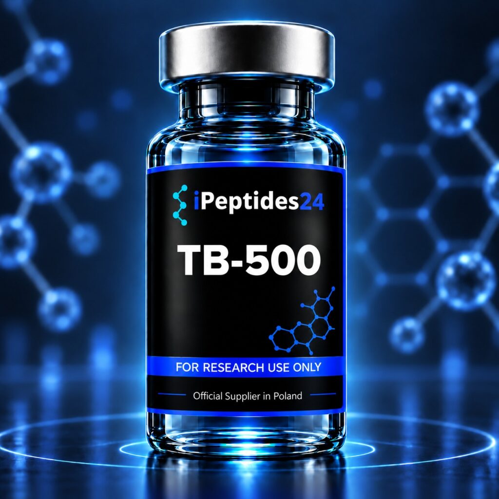 Photorealistic iPeptides24 vial labelled “TB-500” against a dark laboratory background.