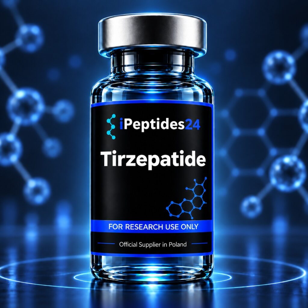 Photorealistic iPeptides24 vial labelled “Tirzepatide” against a dark laboratory background.